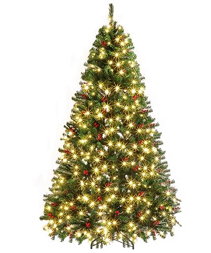 Image of BROVIEW 6ft Pre-Lit Artificial Christmas Tree, Holiday Xmas Tree with 250 Warm White Lights, 798 Branch Tips, 58 Berries, Foldable Base & Storage Bag, for Home Office Party Decoration