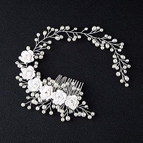 Kercisbeauty Wedding Bridal Pearl White Rose Flower Silver Headband Hair Comb Headpiece for Prom Rustic Wedding Vintage Hair Accessory Girl Prom Women's Garden Evening Party Cover