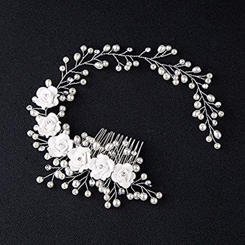 Kercisbeauty Wedding Bridal Pearl White Rose Flower Silver Headband Hair Comb Headpiece for Prom Rustic Wedding Vintage Hair Accessory Girl Prom Women's Garden Evening Party image 3