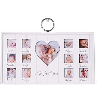 HAUCOZE My First Year Picture Frame Keepsake Photo Frame Baby Milestone Frame 12 Month Display Picture Collage White Hanging Wood Frame 13.8inch