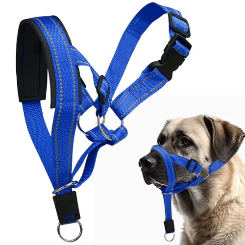 Halti Für Große Hunde, Hundehalfter Mit Gepolstertem Stoff, Verstellbar Ziehen Verhindert Halti Kopfgeschirr, Weich Anti-Zug-Halsband Für Große Hunde (Blau, L (Schnauze: 11,6-14,8zoll))