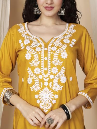 Image of Short Kurti for Women for Jeans, Chikankari Kurtis for Ladies, Lakhnavi V- Neck Women's Tunic Design Kurta, Floral Kurtas & Tunics for Woman