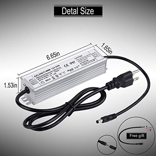 Image of LED Driver 60W 12V DC Low Voltage Output, Waterproof IP67 LED Power Supply,LED Transformer with 3-Prong Plug 3.3 Feet Cable for LED Light, Computer Project, Outdoor Light