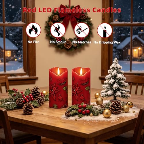 Image of Christmas Flameless Candles Set of 2, Poinsettia Candle with Remote & Timer