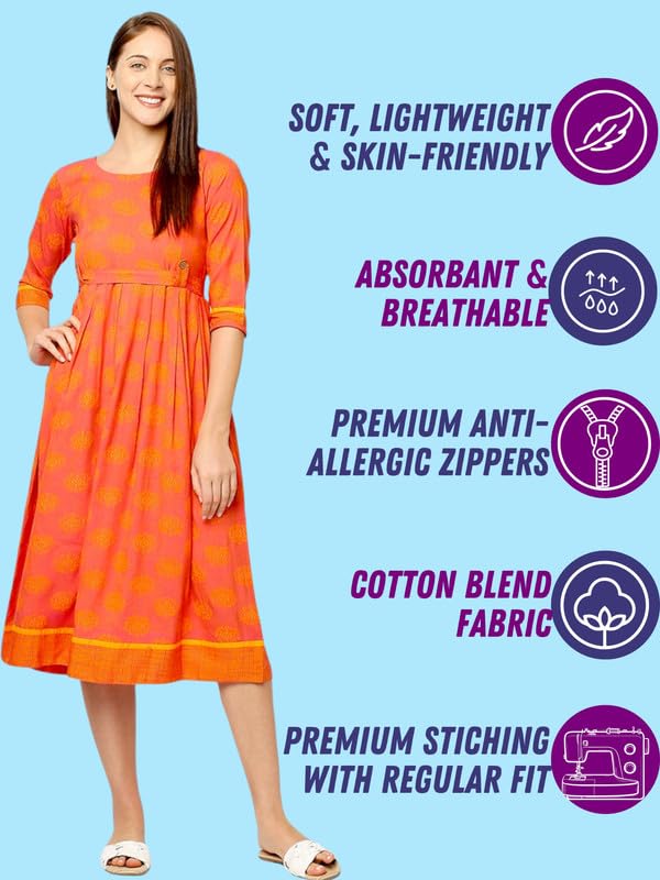 Image of DUMMY SHAPE Maternity Dresses for Women Cotton | Feeding Anarkali Kurta with Concealed Nursing Zippers for Pre & Post Pregnancy | Mom to Be Gifts (DS-MAT-P051-M, Orange)