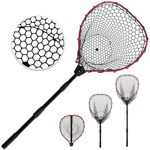 SEASPRO Red Telescoping Rubber Fishing Net Aluminum Alloy Fish Net - Adjustable Length Lightweight Foldable Large Fishing Net with Handle Collapsible Extendable Fishing Accessories