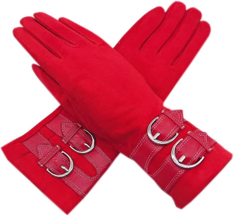 [mou Studio 私のスタジオ] 手袋 冬 レディース リストレザー スエード レッド 手袋 暖かい 運転 乗馬 アウトドア