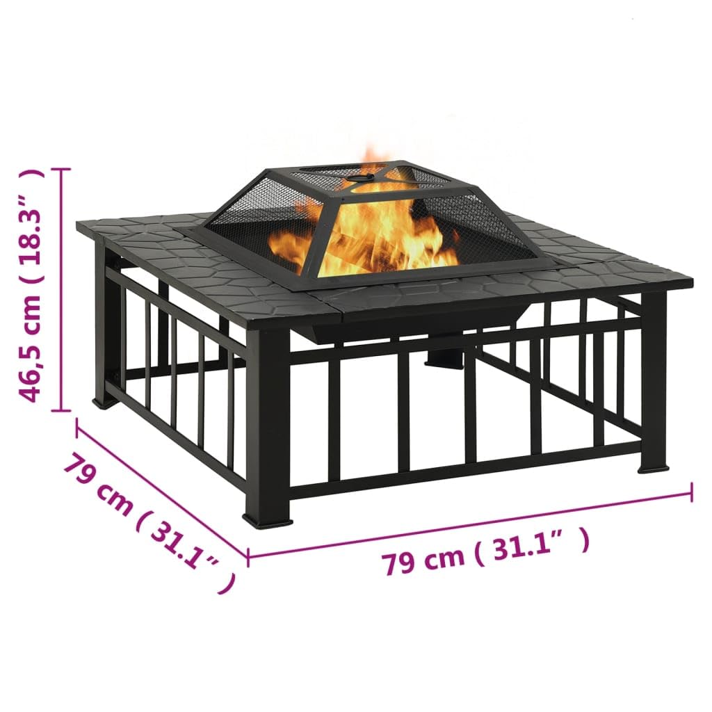 XXL Feuerkorb Stahl 79x79x46,5 cm mit Netzabdeckung und Schürhaken, Feuerschale für Garten und Terrasse, praktische Oberplatte für Getränke, sicherer Funkenflugschutz