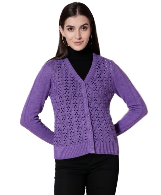 SUHANI IMAGES Knit Cardigan: Purple V-Neck, Button-Front Open-Knit Design – Stylish Winter Layering for Women & Girls-image-12