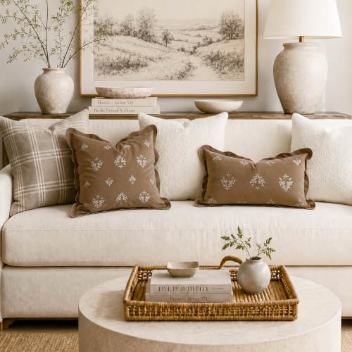 BlissBlush Lumbar Pillow Cover 12x20, Brown Velvet Decorative Lumbar Pillow Cover, Floral Accent Cushion Cover with Embroidery and Scalloped Edge for Couch Sofa Bed, Cover ONLY - image 8