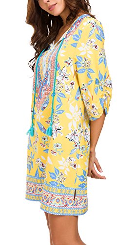 Image of Women Bohemian Neck Tie Vintage Printed Ethnic Style Summer Shift Dress
