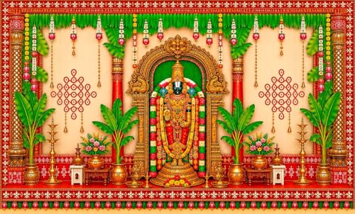Image of Govinda Backdrop Traditional for Decoration | Lord Venkateswara Traditional South Indian Pooja Curtain Backdrop 5x8 Feet | varalakshmi Pooja Background Decoration Cloth