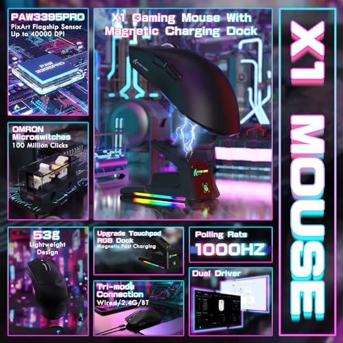 Image of ATTACK SHARK X1 Ultralight Tri Mode Wireless 40000 DPI Gaming Mouse-Black | Magnetic RGB Charging Dock,Anti Slip Grip Tape,PixArt PAW3395 Pro Optical Sensor,BT /2.4Ghz /Wired,Driver for PC Win Mac Gamer