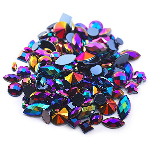 Hisenlee 600Pcs Sewing Gems Acrylic AB Color Crystal Mixed Size and Shape Glue On Rhinestones For Clothing Embellishment(black AB)