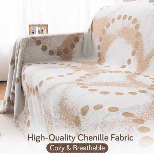Image of HOKIPO Printed 320 GSM Chenille Sofa Cover Throw Blanket for 3 Seater Sofa - All Season, 'Serene Abode Series' Latte Dotted Wave (180x310 cm) (AR-6633-D3)