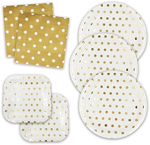 Homy Feel Disposable Gold Polka Dot Paper Plates and Napkins Set, 8 Round Dinner Plates, 8 Square Dessert Plates, 20 Napkins for Birthday,Engagement,Wedding,Bridal Showers,Baby Shower Party Supplies