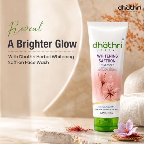 Image of Dhathri Herbal Whitening Face Wash with Saffron, Pomegranate, Bearberry & Papaya for Radiant & Glowing Skin | Lightens Dark Spots & Reduces Blemishes | Paraben & Alcohol Free for All Skin Types, 200ml