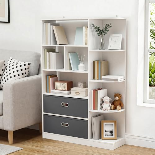 YITAHOME Librería Independiente con 8 estantes Abiertos y 2 cajones de Tela, aparador para salón, Dormitorio u Oficina, Blanco, 80 cm (Ancho) × 24 cm (Profundidad) × 115 cm (Alto)