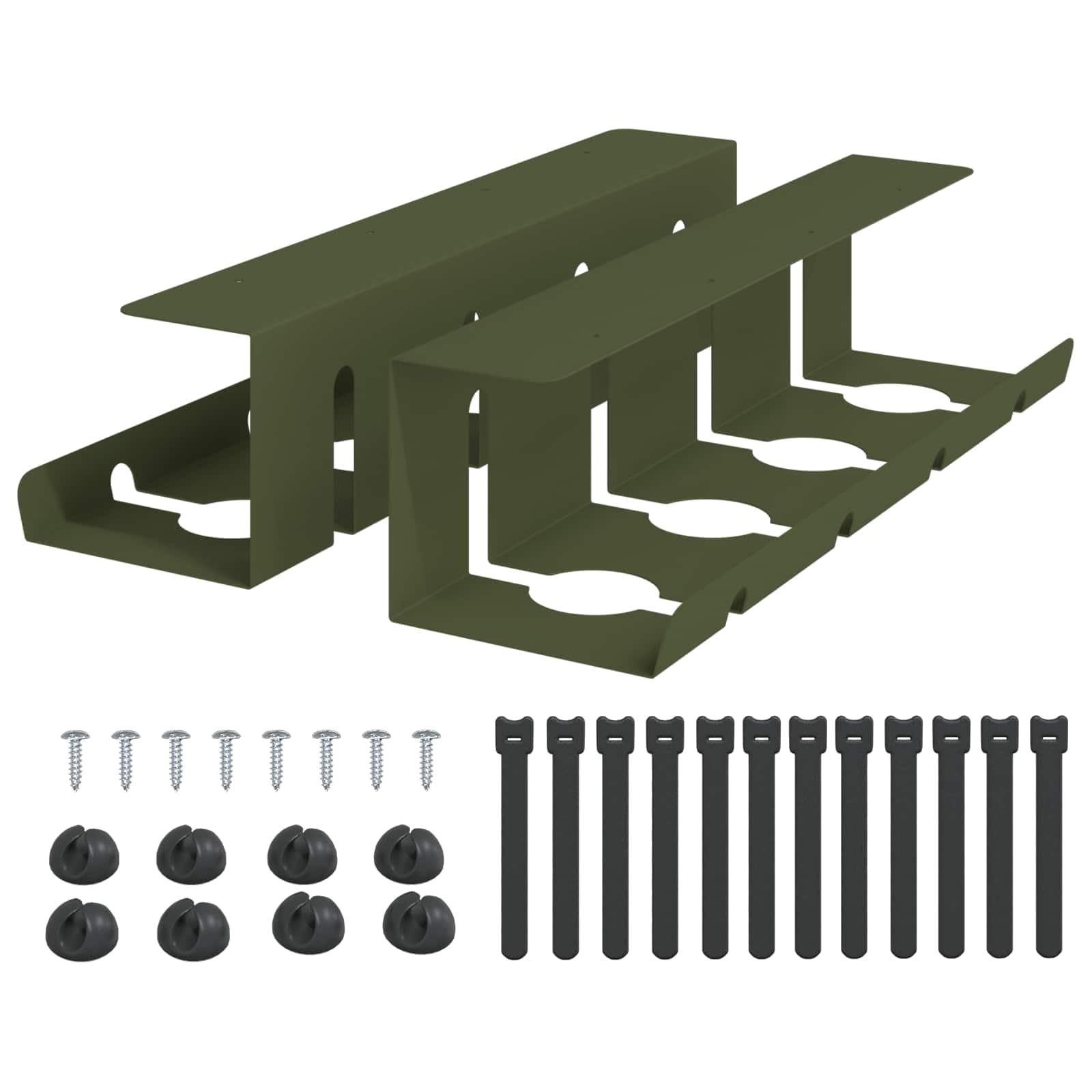 2er Set Kabelmanagement Schreibtisch Olivgrün, Kabelkanal aus pulverbeschichtetem Stahl, Kabelwannen für Ordnung unter dem Tisch, Inklusive Kabelclips und Klettbändern