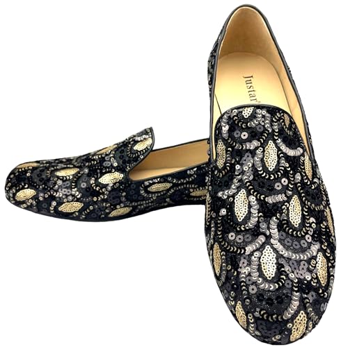 Justar Men's Vintage Sequin Loafers Slip-on Tuxedo Dress Shoes Glitter Smoking Slipper Casual Shoes for Men2