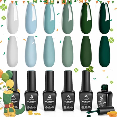 Beetles Blue Green Gel Nail Polish Set, 6 Colors Misty Gray Dark Green Gel Polish Kit Baby Blue Nail Gel Polish Soak Off Uv LED Nail Lamp Gel DIY Home Nails Manicure Gifts for Women