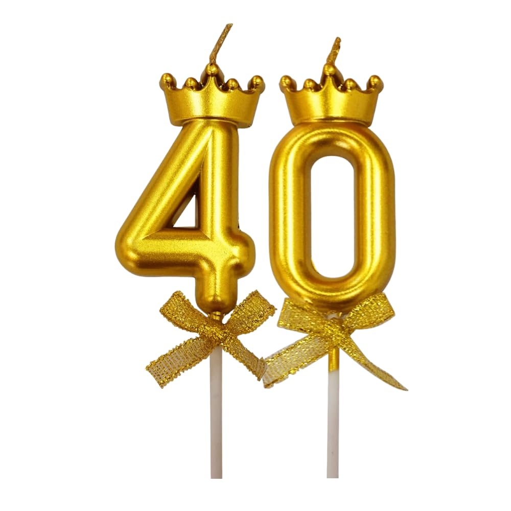 FI - FLICK IN 2 Pc 40 Number Candle for Birthday Cake Metallic Gold Number Candle with Crown on Top for Anniversary Cake Topper 40th Birthday Cake Decoration 0-9 Number Candles (Pack of 2, Gold)-image-4