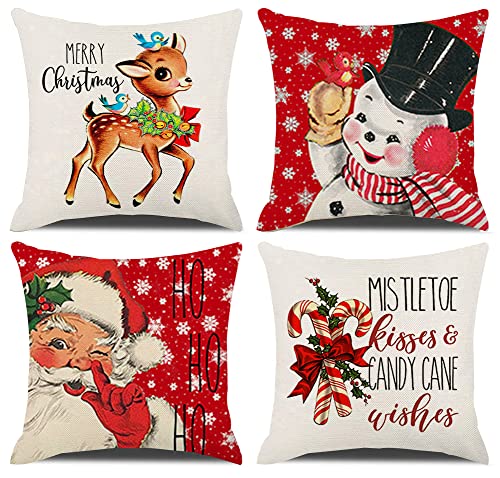Kacopol Christmas Decorations Pillow Covers 18×18 Set Of 4 Snowflake Santa Snowman Deer Bird Candy Cane Xmas Rustic Winter Holiday Throw Pillows Christmas Decor Cushion Cases K031 (18"X18", Red) #TOP2