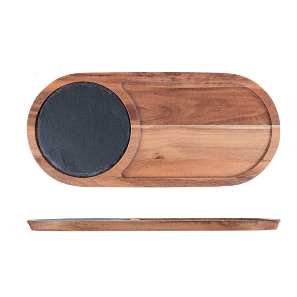 Platos para servir en madera y pizarra, bandeja para servir, plato de madera natural elegante y saludable, para pizza, sushi, filete ovalado con pizarra