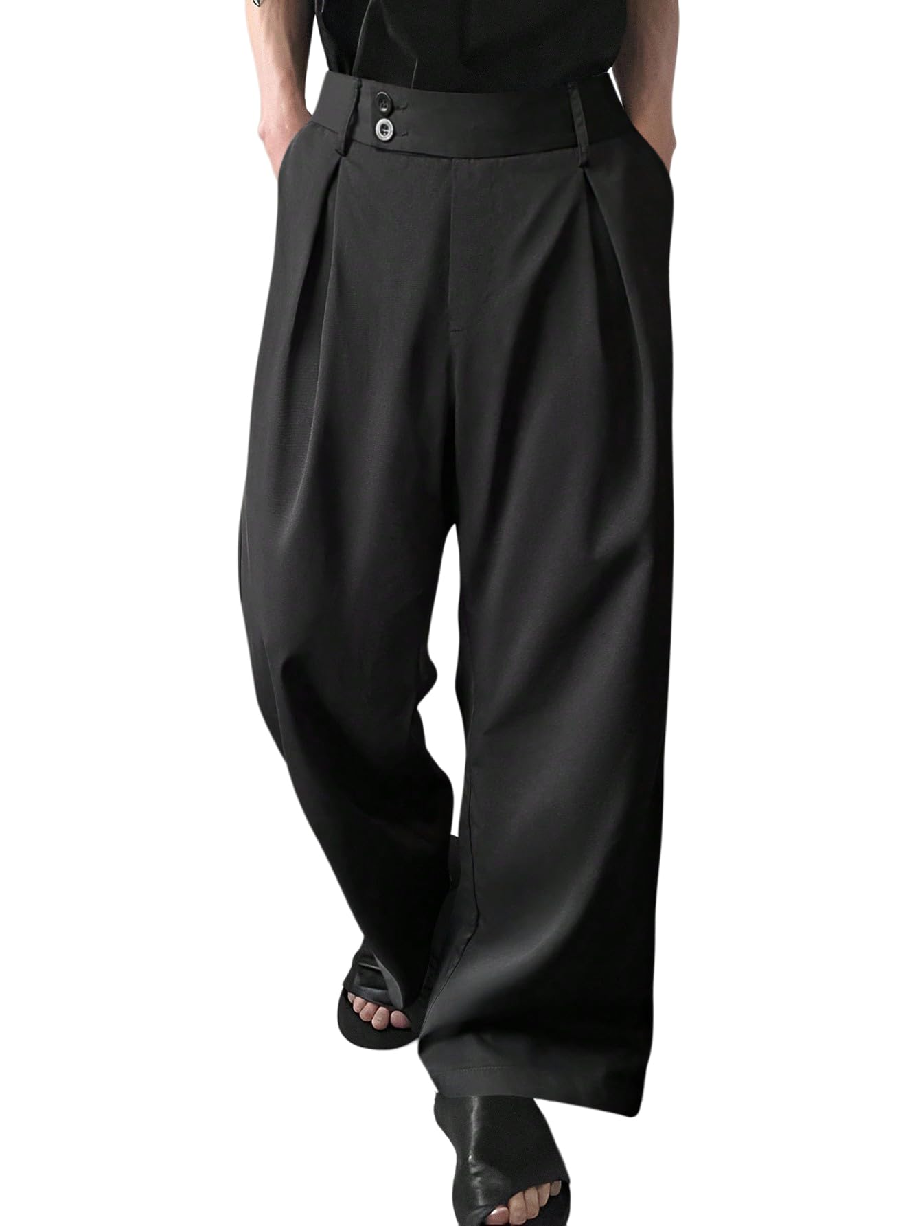 OYOANGLE Mens Pleated High Waist Wide Leg Pants Loose Fit Casual Pants with Pocket