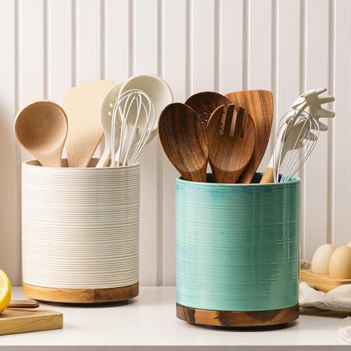 Image of Utensil Holder, 360 Rotating Extra Large Ceramic Kitchen Utensil Holder for Countertop, Cooking Utensil Crocks for Counter with Rotatable Wooden Base, Farmhouse Kitchen Decor, Green