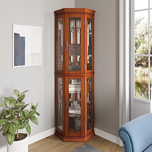 Image of BELLEZE Lighted 3-Side Glass Display Curio Cabinet w /Tempered Glass Doors and Shelves, Accent Wooden Corner Cabinet with Bulb, Corner Storage Decoration Rack for Living Room