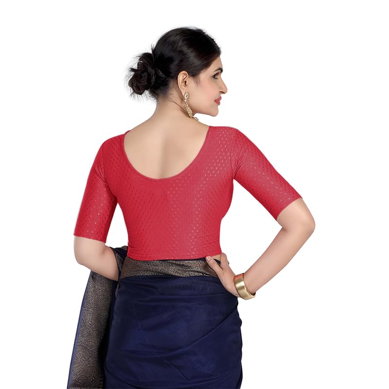 Image of FINESTFIT Round Neck Stretchable Elbow Sleeve Readymade Saree Blouse for Women, 100% Cotton Dobby Fabric