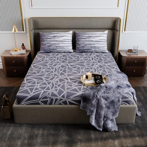 Image of Stoa Paris 100% Cotton King Size Fitted Bedsheet with 2 Pillow Covers, 180TC Printed Bedding Set, All-Season Comfort, Soft & Lightweight, Home Decor, Urbanscape - Lavender Matrix (182cmx198cm+30cm)