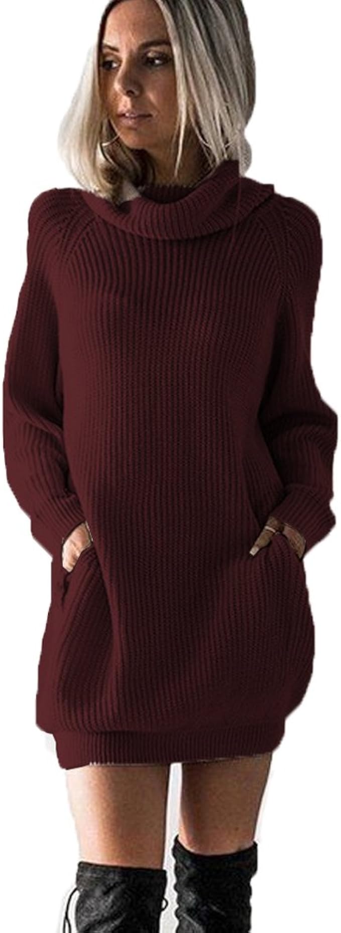 Burgundy Chunky Knitted Jumper Dress Burgundy Chunky Knit V-Neck
