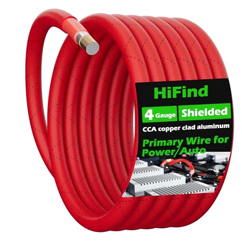 HiFind 4 Gauge AWG Power Ground Wire Cable 20 Ft, True Spec Shielded Braided Welding Battery Cable Terminal for Automotive, Car Audio, Amp Wiring, Speaker Stereo, Solar, Marine, Generator-Red
