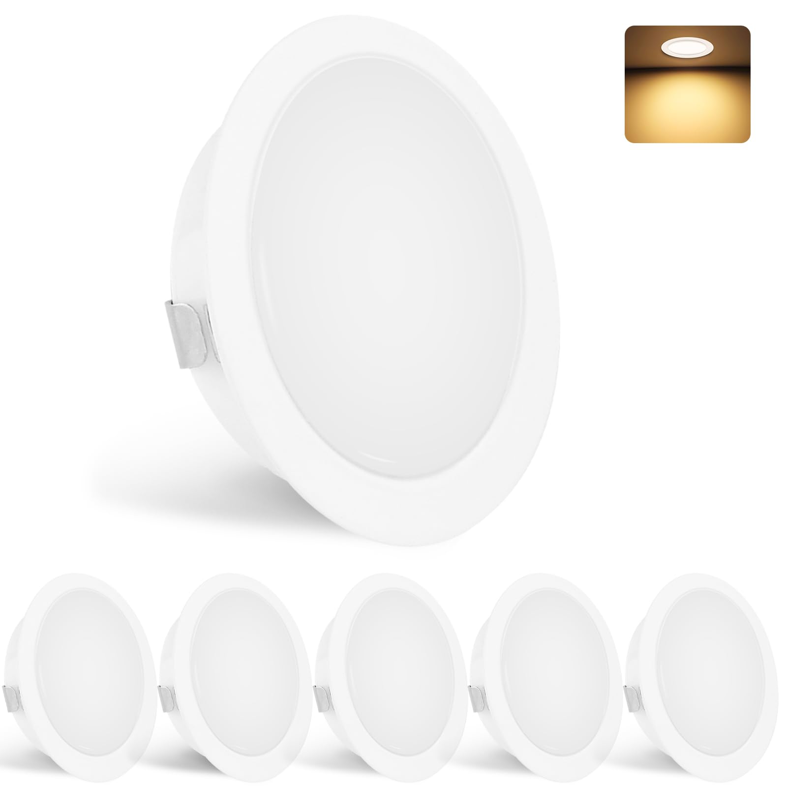 YindaLux Set mit 6 LED-Einbaustrahlern, 230 V, 3 W, 3000 K, Warmweiß, 15 mm, extra flach, Deckenstrahler, 300 lm, Deckenausschnitt 55 – 58 mm, IP44, für Badezimmer, Weiß