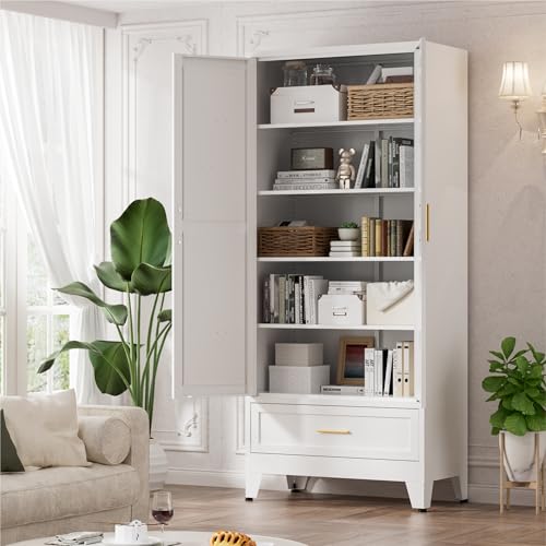 Image of LCAOPC 71 inch Tall Metal Pantry Storage Cabinet with Drawer and Adjustable Shelves, Freestanding Kitchen Cupboard Storage Cabinet for Kitchen,Dining Room, Living Room, White