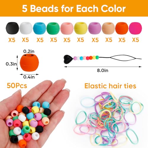 Derkerry Contas de cabelo de silicone para crianças – 50 peças de contas de pônei coloridas e macias