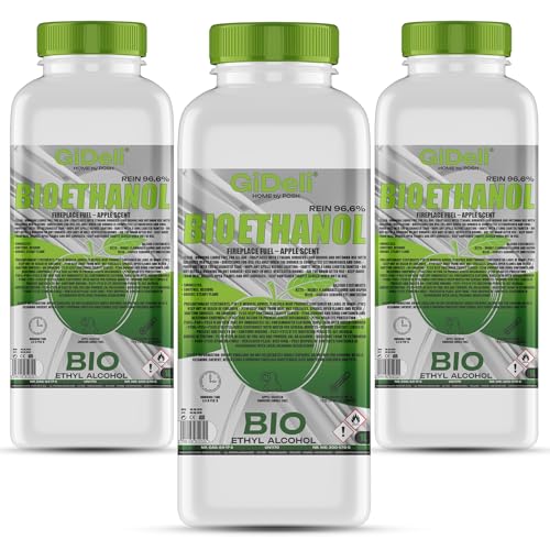 GiDeli Bioetanol 3 x 1l de manzana 96,6% etanol para chimeneas interiores y exteriores, sin humo ni hollín, de maíz y remolacha azucarera