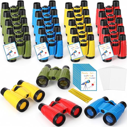 Soulchen 96 Pcs Summer Binoculars for Kids Bulk Gift Set with 24 Cards 24 Bag 24 Neck String Toy Binoculars for Summer Back to School Kid Camping Adventure Party Explorer Gift Bird Watching Hunting