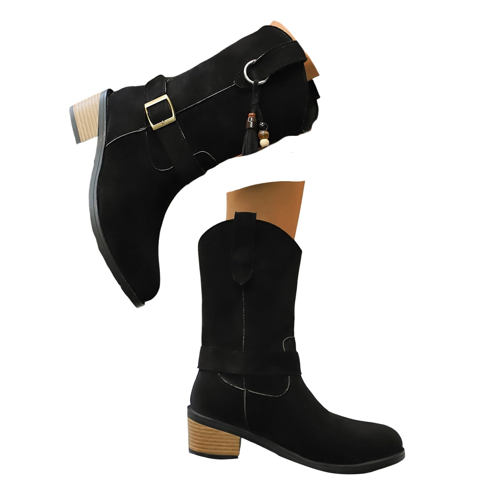 Womens Mid Calf Cowboy Boots Retro Suede Western Cowgirl Metal Buckle Straps Fringe Deco Chunky Block Heels Round