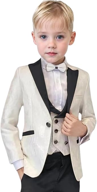 Boys Floral Suits Jacquard Kids Tuxedo 3 Piece Slim Fit Peak Lapel Suits for Boy Formal Wedding Outfit Blazer Vest Pants
