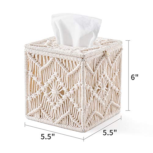 Mkono Tissue Box Cover Boho Decor Square Paper Tissue Holder With Bead Buckle Macrame Napkin Tissues Organizer Home Decor For Bathroom Bedroom Dresser Living Room Office, Ivory #TOP5