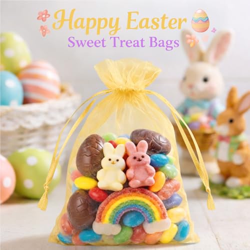Image of ANZNKU 100 Pack Gold Organza Bags 5 x 7 Inch, Premium Small Mesh Bags With Drawstring, Sheer Mesh Gift Packaging Bag for Easter Party Wedding Favors