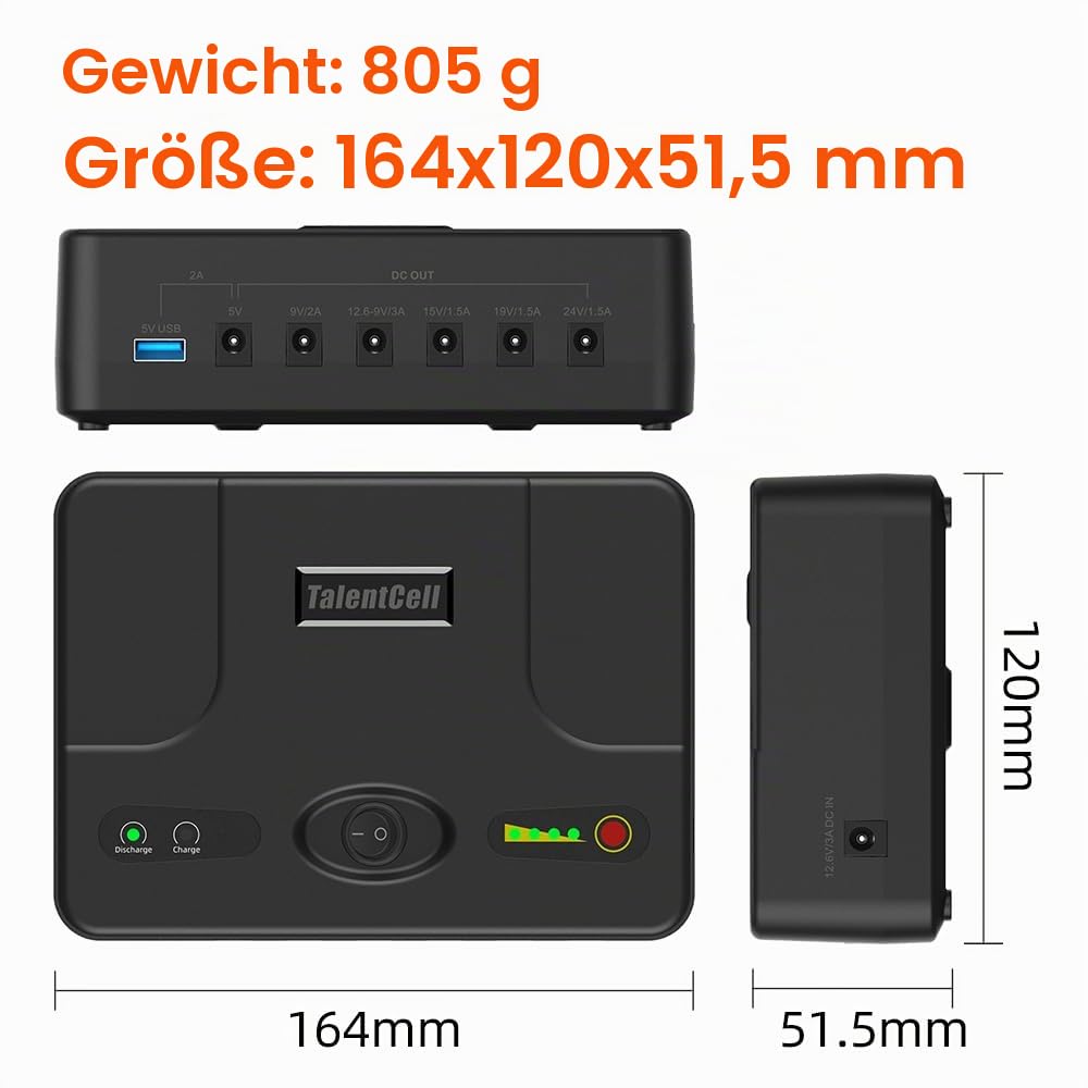 TalentCell Mini USV, Unterbrechungsfreie Stromversorgung, DC 24/19/15/12/9/5V Lithium-Ionen-Akku, wiederaufladbar, 97.68 Wh, für Modem, Router, LED-Leuchtstreifen, CCTV-Kameras