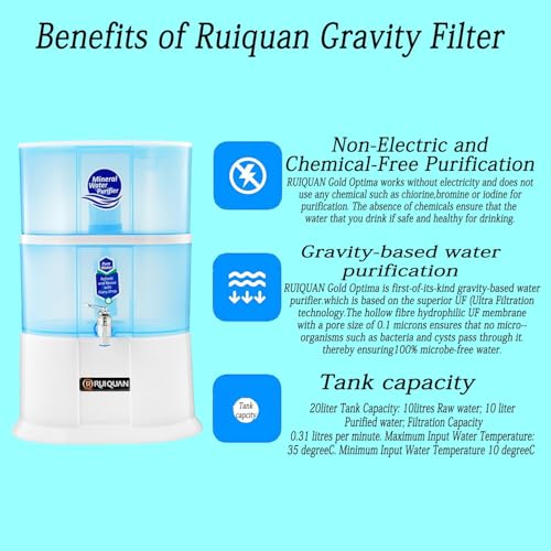 Image of Ruiquan 20L Gravity Water Purifier with Mineral Pot | UF Filter, Non-Electric | Stylish White Design for Office & Home Gravity-Based UF Filter for Clean, Safe Drinking Water