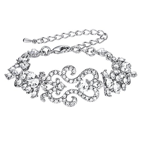 EVER FAITH Women's Crystal Bridal Flower Cluster Wave Adjustable Link Bracelet Clear Silver-Tone