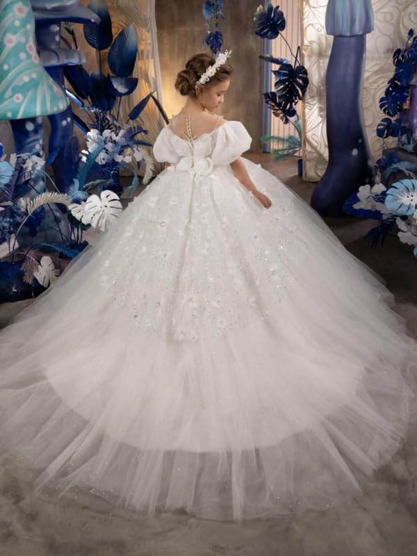 Sequins Flower Girls Dress Puff Sleeve Pageant Butterfly Wedding Party Prom Formal Gowns3