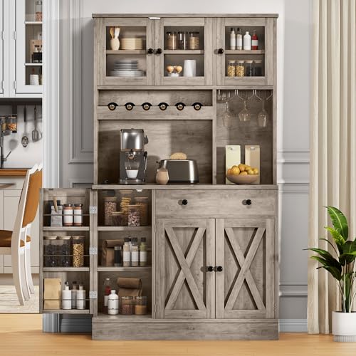 DWVO 71''H Kitchen Pantry Cabinet with Drawer, Doors, Goblet Holder, Wine Rack for Storage, Pantry Cabinet with Power Outlet for Kitchen & Living Room (Grey Oak)