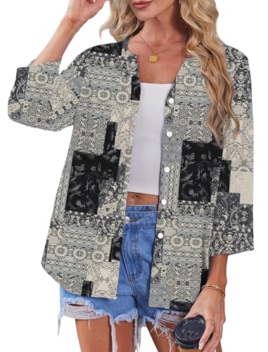 Image of OFEEFAN Button Down Shirts for Women 3 /4 Length Sleeve Tops V Neck Blouses Business Casual Outfits Loose Fit